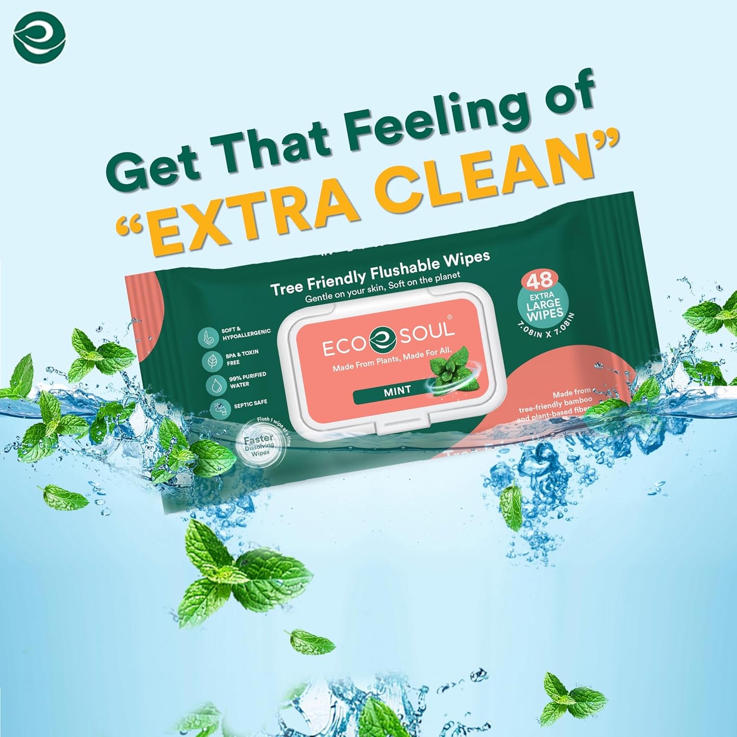 ECO SOUL Bamboo Flushable Wipes For Adult- Mint 384 Wipes |8 Pack of 48| Eco-Friendly Wipes| 99% Purified Water, Hypoallergenic, Soft Wipes, BPA & Paraben free