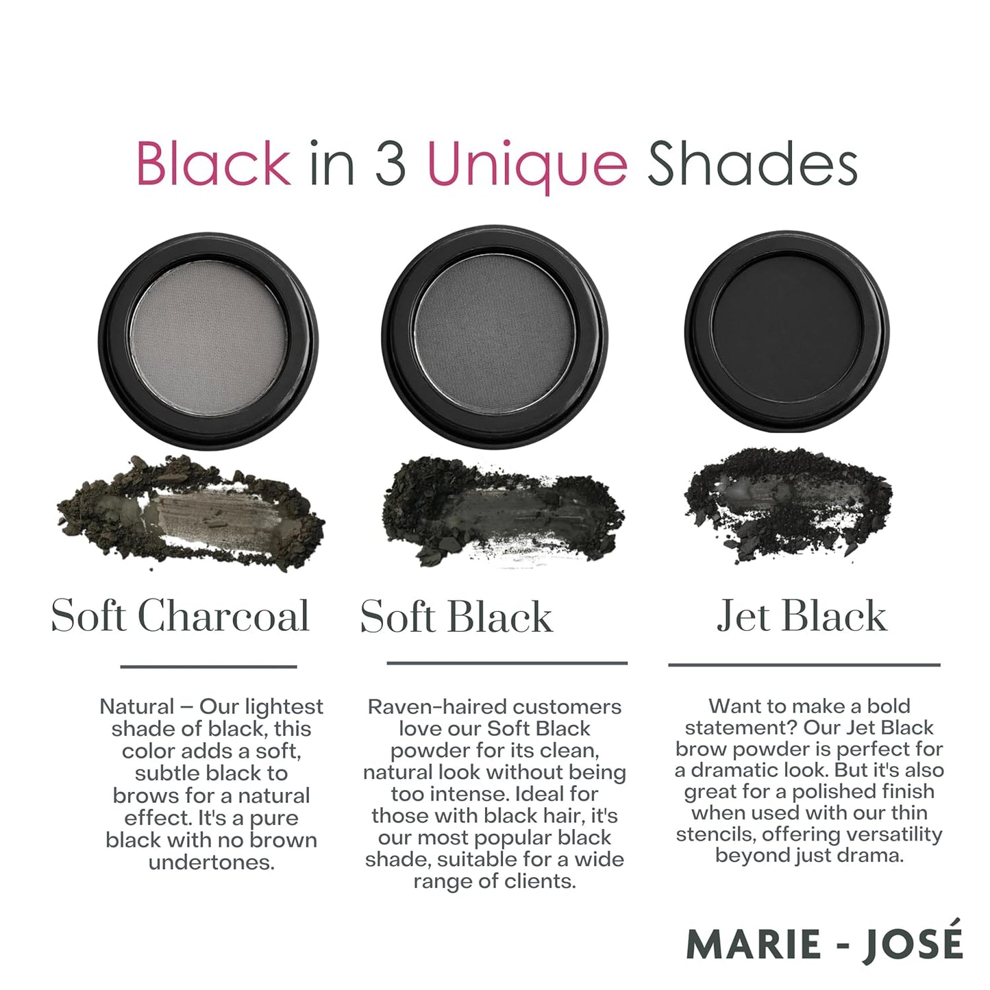 Marie-José Eyebrow Powder Soft Black - Ideal for those with Black Hair - Effortless All-Day Brow Beauty - Compact Size 0.10oz for Purse or Travel Size - Made in USA