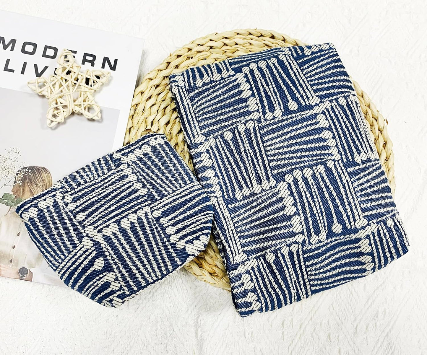 2 Pcs Makeup Bags, Large Cosmetic Bag Travel Toiletry Bag Organizer for Women, Embroidery Craft, Stripe Makeup Bag Small Cosmetic Pouch Purse with Zipper Gifts for Girls Teen