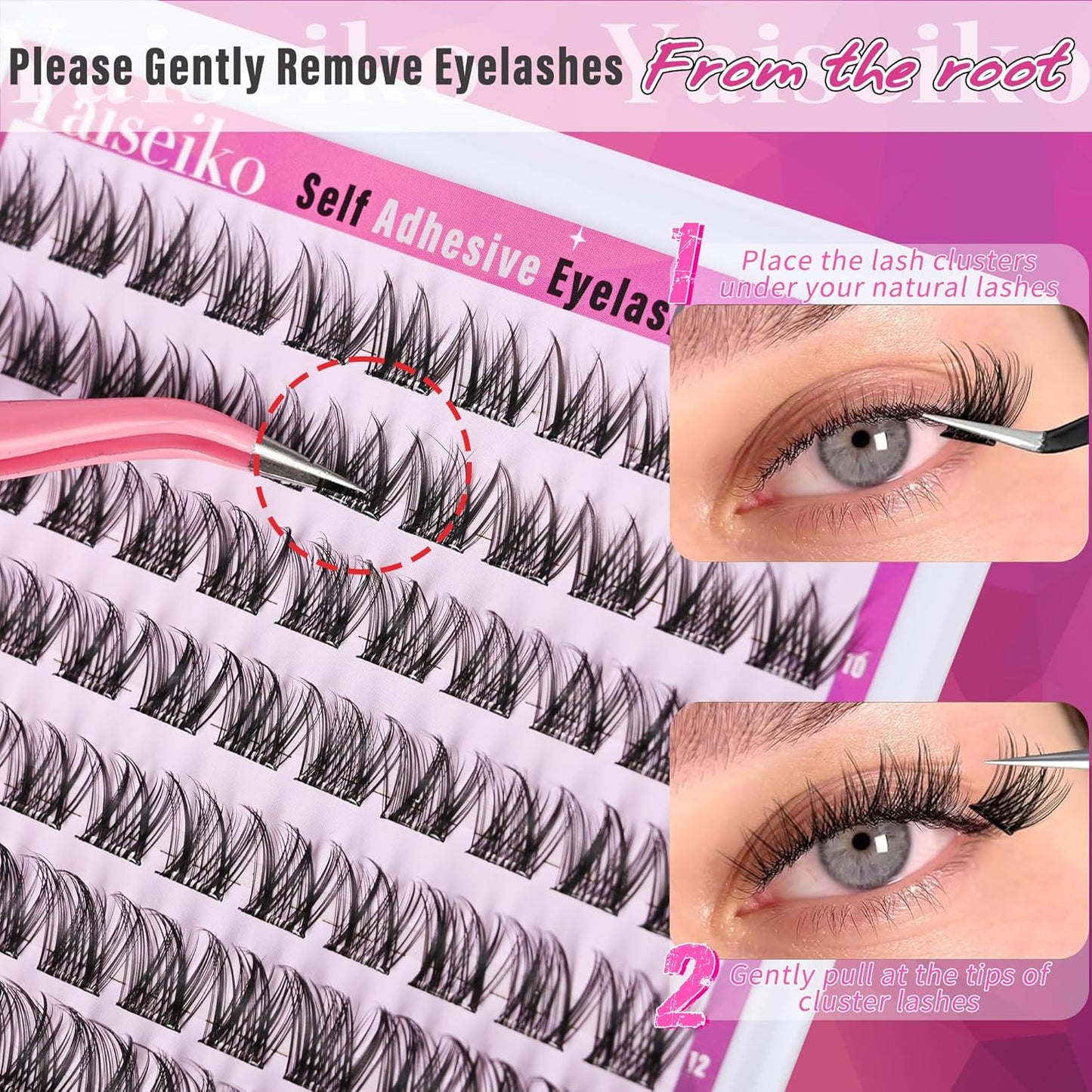 Self Adhesive Eyelashes Kit Wispy Eyelash Extension Self Adhesive Lashes Reusable Press on Lashes No Glue Needed Lash Clusters 10-16mm D Curl Pre Glued Eyelashes Clusters(A01,110Pcs)