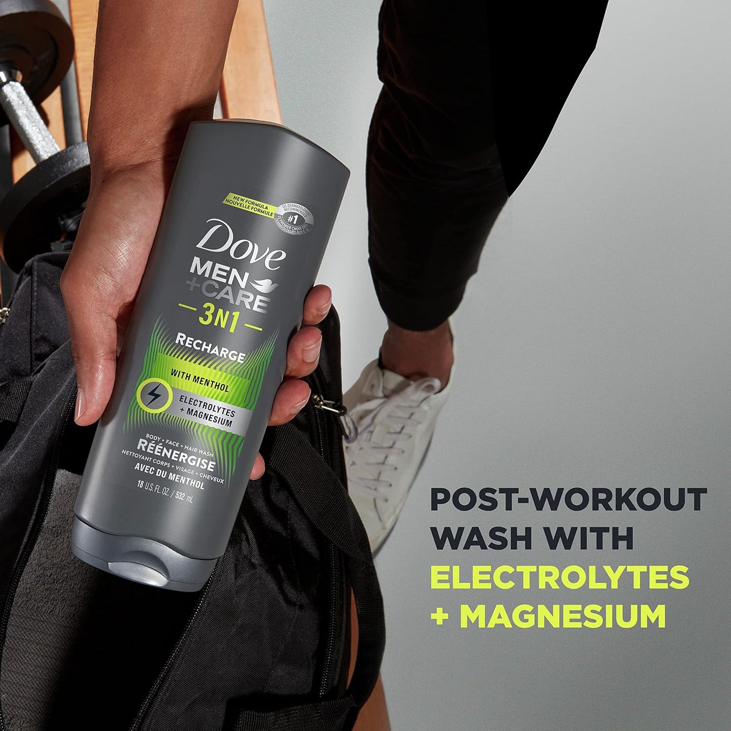 DOVE MEN + CARE Post-Workout Body Wash 3N1 Recharge 4 Count For Men With Menthol, 18 oz