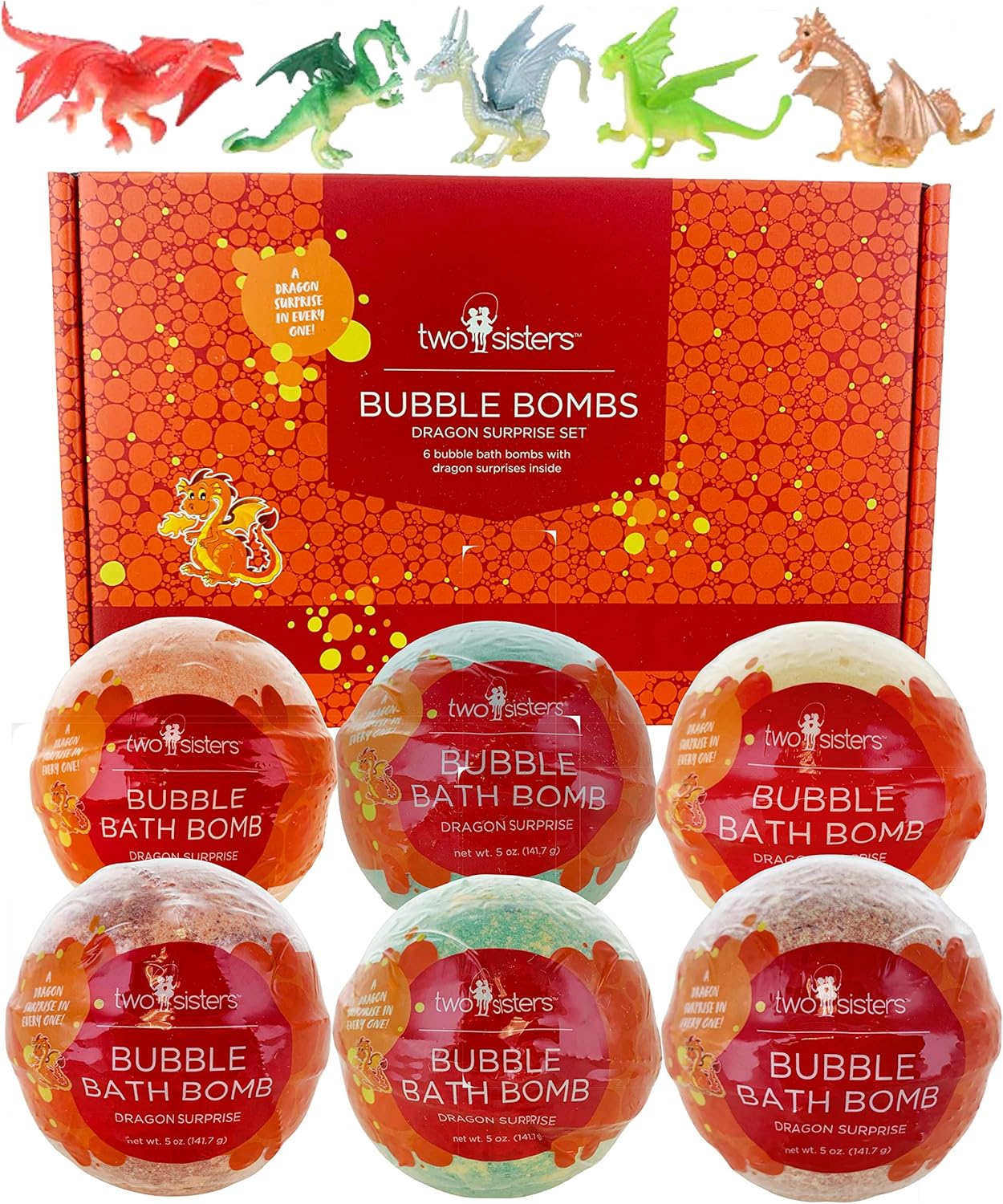 Dragon Bath Bombs for Kids with Surprise Toys Inside (6 Pack) - Large Bubble Bomb, Gentle and Safe, USA Made, Birthday Gift for Boys and Girls by Two Sisters
