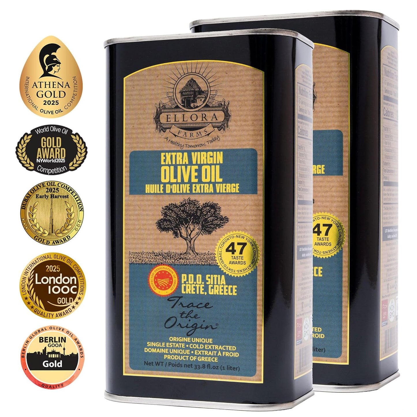 Ellora Farms, Certified PDO Extra Virgin Olive Oil, Single Estate, Single Origin, Single Variety, Cold Press & Traceable Olive Oil, Crete, Greece, Kosher SITIA 33.8 Fl Oz (Pack of 2)