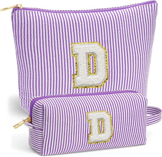 Travel Essentials - Portable Travel Makeup Bag Set for Women, Portable Initial Travel Toiletry Bag, Makeup Pouch Organizer Cosmetic Bag Birthday Gifts for Women, Purple Letter D