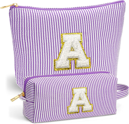 Travel Makeup Bag Set - Travel Essentials, Initial Make up Cosmetic Bag Makeup Pouch Travel Toiletry Bag | Cute Purple Stuff Birthday Gifts for Women Mom Daughter, Purple Letter A