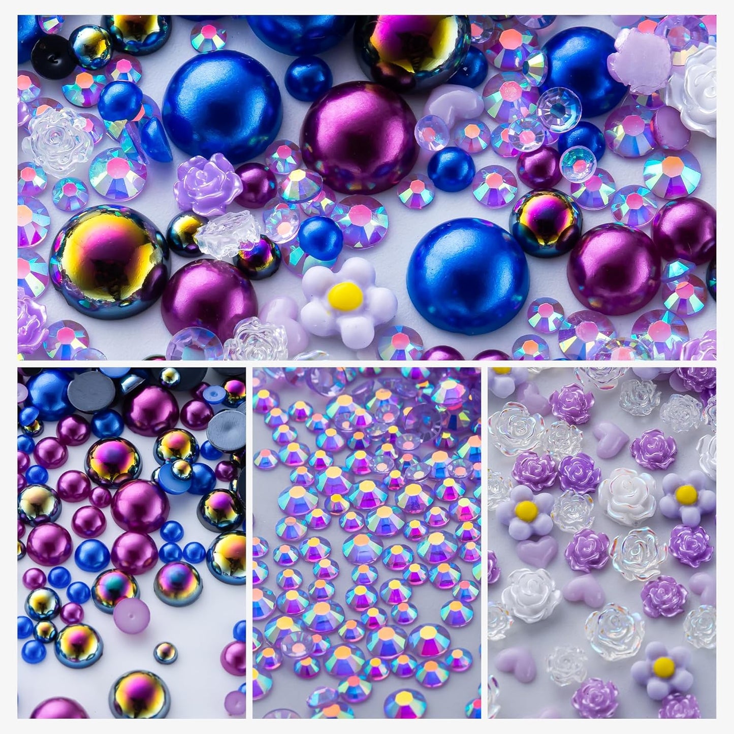 160g Dark Blue Flat Back Pearls Rhinestones for Crafts Mixed Size 3mm-10mm AB Color Round Half Pearls Flatback Pearl Beads and Resin Rhinestones Set for Face Art