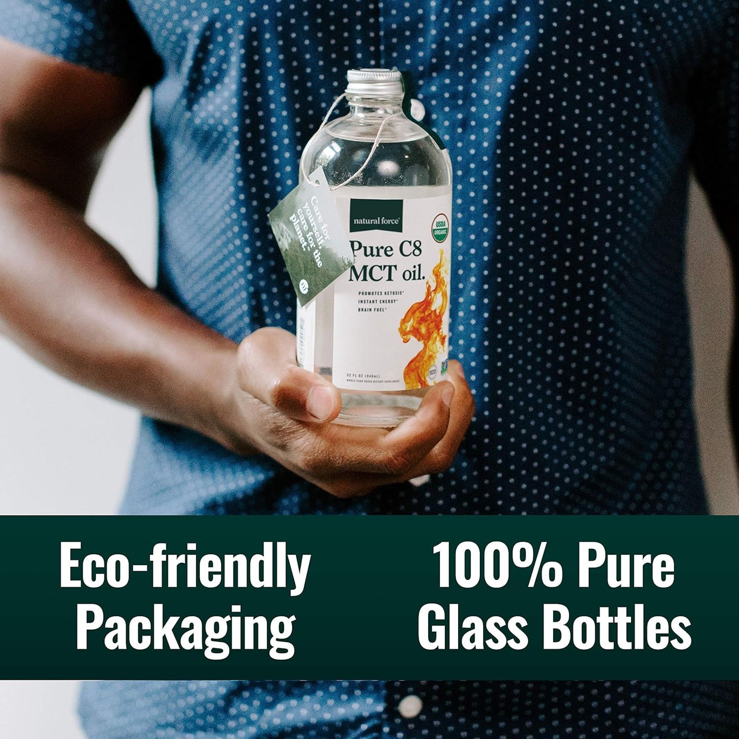 Natural Force Organic Pure C8 MCT Oil – Liquid MCT Oil in Glass Bottle Container – Concentrated Caprylic Acid – Keto, Paleo, Kosher, Vegan & Non-GMO – Lab Tested for Quality and Purity, 32 Ounce