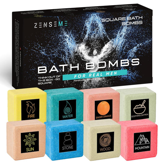 Bath Bombs for Men - Gift Set of 8 Scented Organic Handmade Natural Bath Bombs of 2.5 oz w/Natural Essential Oils, Unique Extra Strength Manly Scents, for Boyfriend, Husband, Father - Square Shape