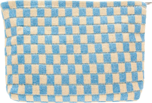 PAZIMIIK Knitted Checkered Makeup Bag Large Zipper Make Up Accessory Pouch for Purse Cosmetic Brush Bag for Travel Essential Blue Beige