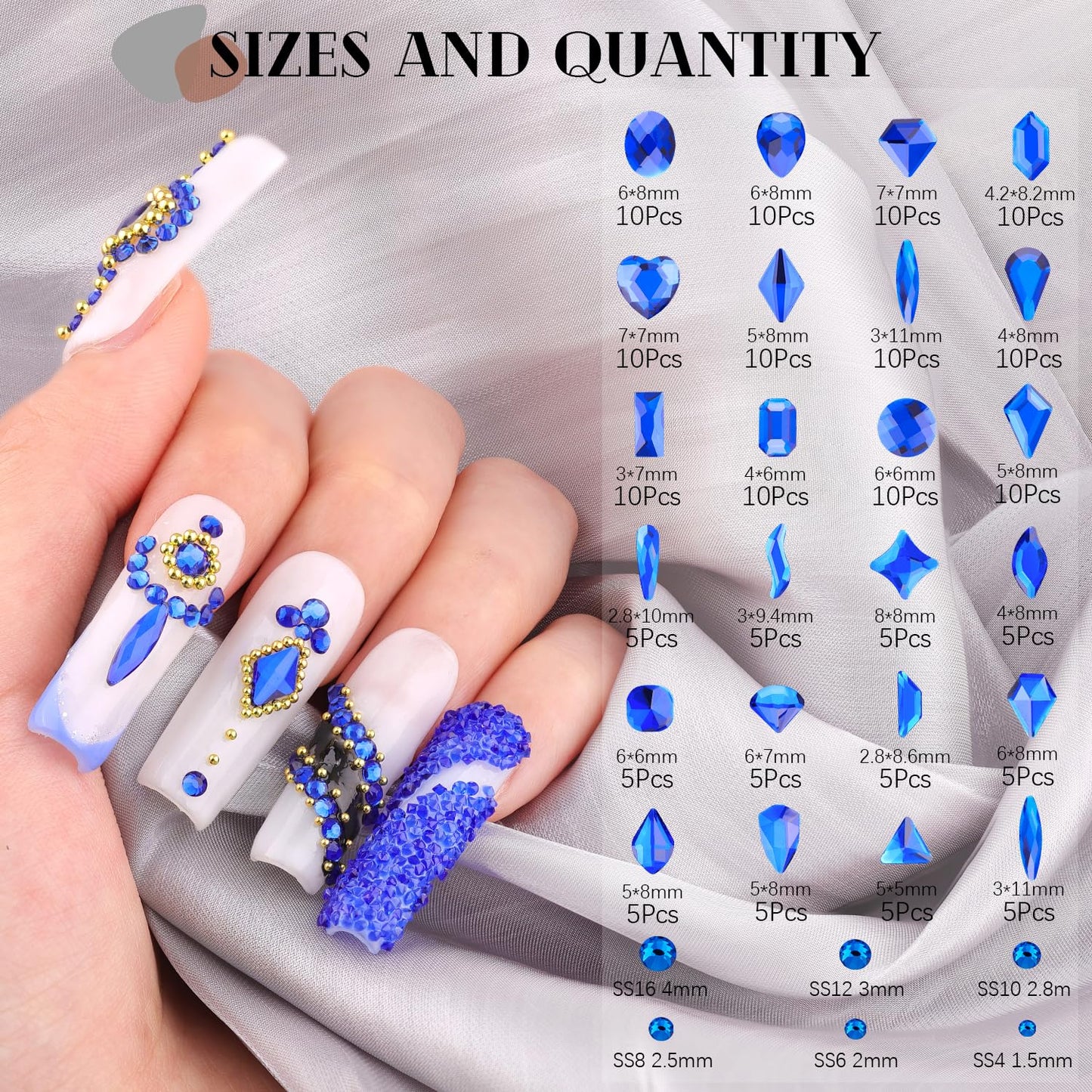 Royal Blue Glass Nail Rhinestones - 1680 Pcs Multi Shapes + 1500 Pcs Round Crystal with Glue Gel for Nail Art