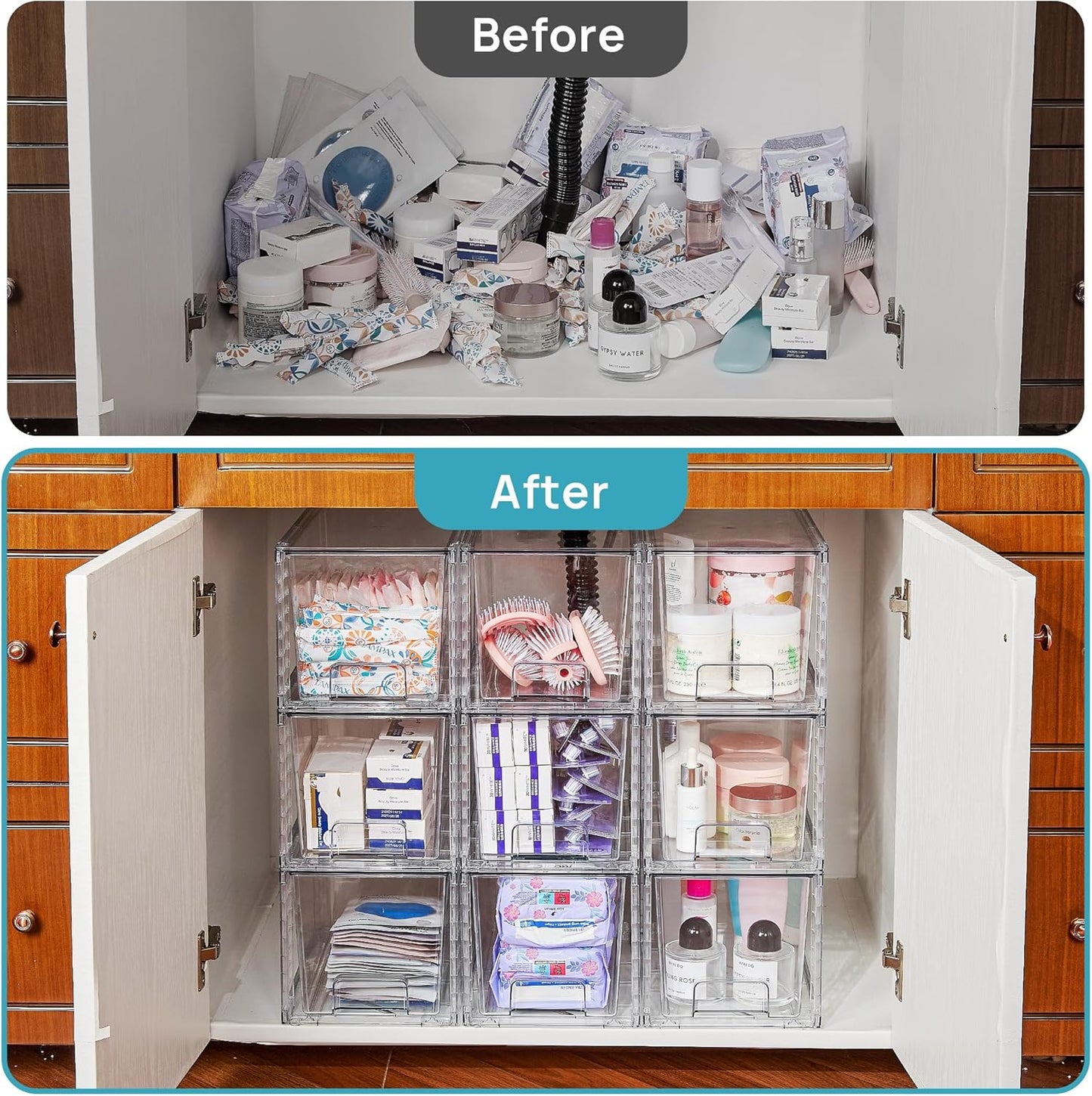 Vtopmart 6 Pack Large Stackable Storage Drawers,Easily Assemble Acrylic Bathroom Closet Undersink Organizers and Storage,Plastic Bins for Kitchen Cabinets,Pantry,Makeup,Medicine Organization