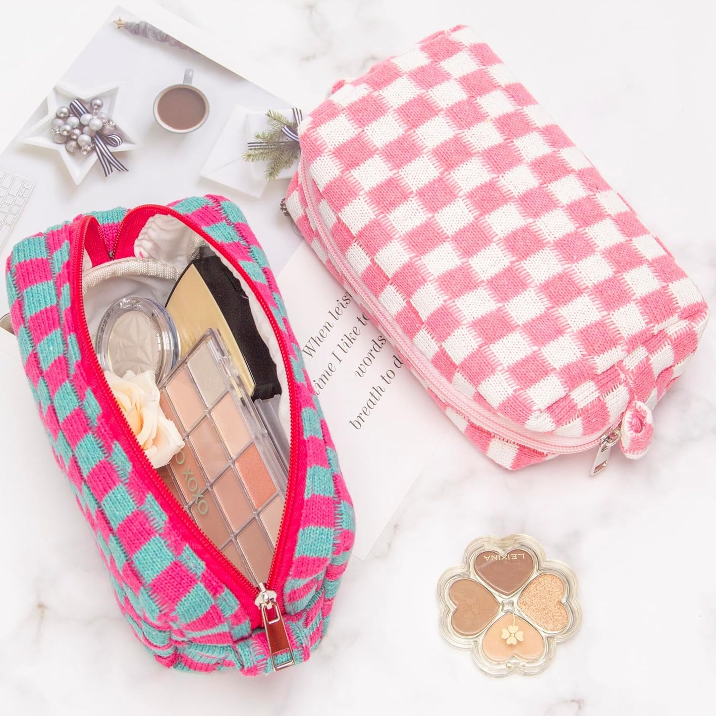PAZIMIIK Checkered Makeup Bag for Purse Portable Zipper Make Up Pouch Small Cosmetic Case for Travel Accessories (2PCS Pink)