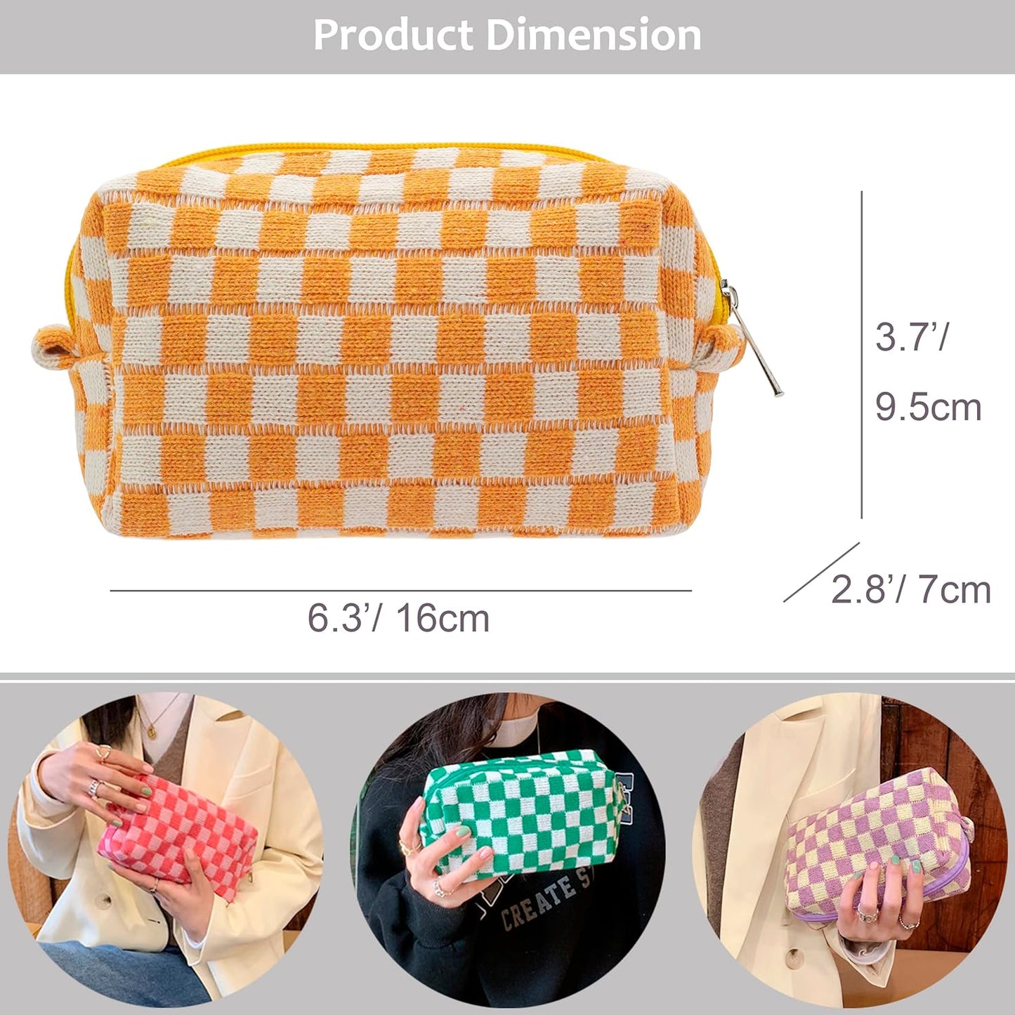 PAZIMIIK Checkered Makeup Bag for Purse Portable Zipper Make Up Pouch Small Cosmetic Case for Travel Accessories (2PCS Orange)