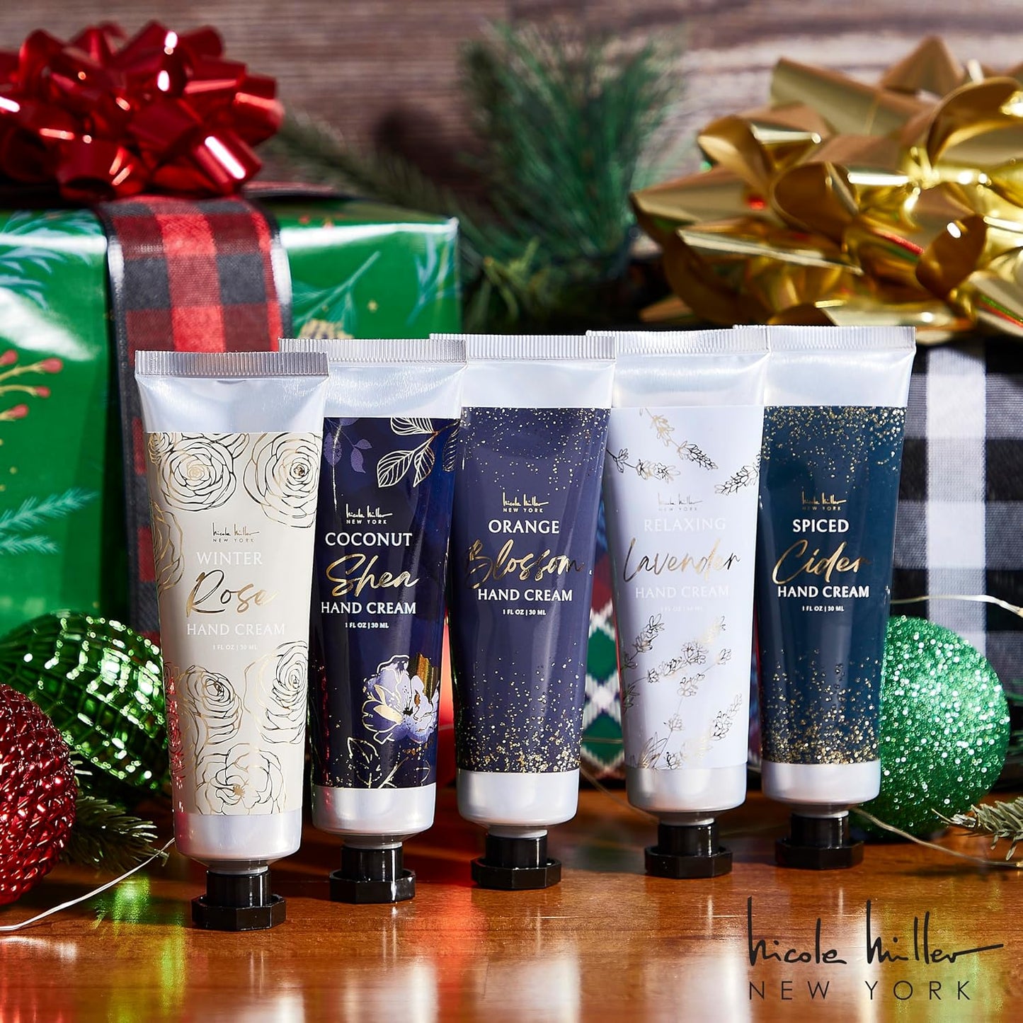 Nicole Miller New York 10-Piece Festive Fragrance Hand Cream Collection - 30ml Each Bottle, Ultra Hydrating Luxury for Your Hands, Navy Floral