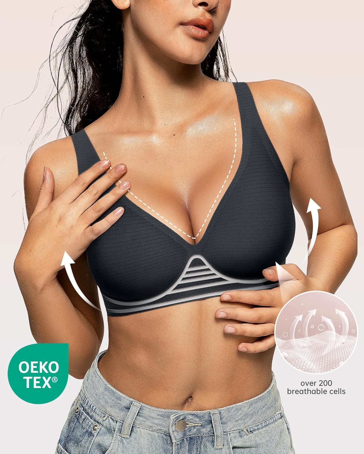 OEAK Womens Deep V Bras Wireless Comfortable Bra Supportive No Underwire Bras Tshirt Push Up Bralettes Plunge Seamless Bra