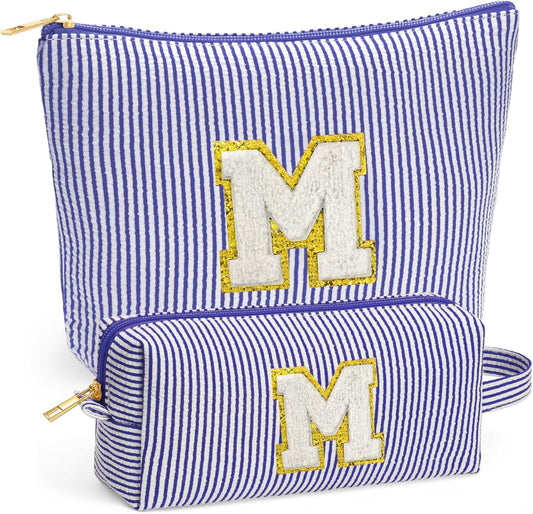 Initial Cosmetic Bag Set - Travel Bag Makeup Pouch, Makeup Bag with Zipper Make up Kit Preppy Stuff Birthday Gifts for Women Travel Essentials Travel Bag, Blue Letter M