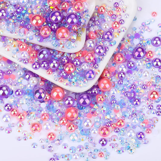 60g Pink White Flat Back Pearls Rhinestones for Crafts Mixed Size 3mm-10mm AB Color Round Half Pearls Flatback Pearl Beads and Resin Rhinestones Set for Face Art