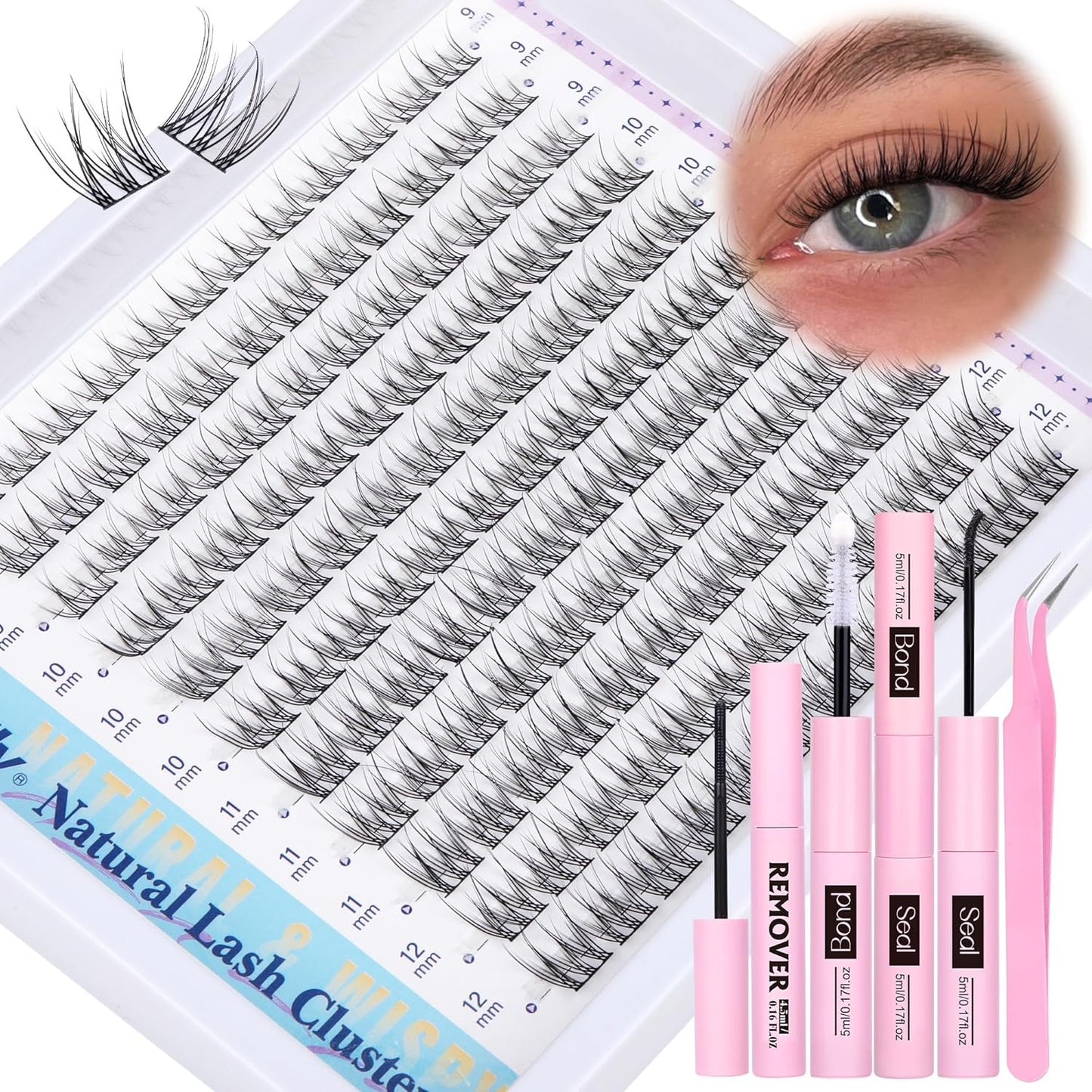 Natural Lash Clusters Kit DIY Lash Extension Kit Wispy Eyelash Extension Kit C-curly Individual Lashes Kit 9-12MM Short Eyelash Clusters with Lash Remover by Newcally