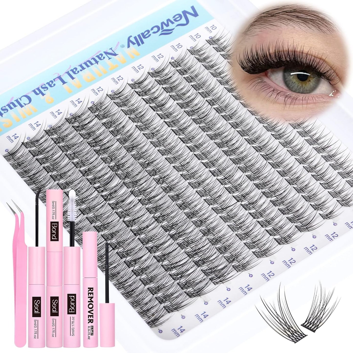Natural Lash Extension Kit Cluster Lashes Kit Cluster Eyelash Extension Kit 220Pcs C-curly DIY Eyelash Extension Kit Short 10-14MM Individual Lashes Kit with Lash Remover by Newcally