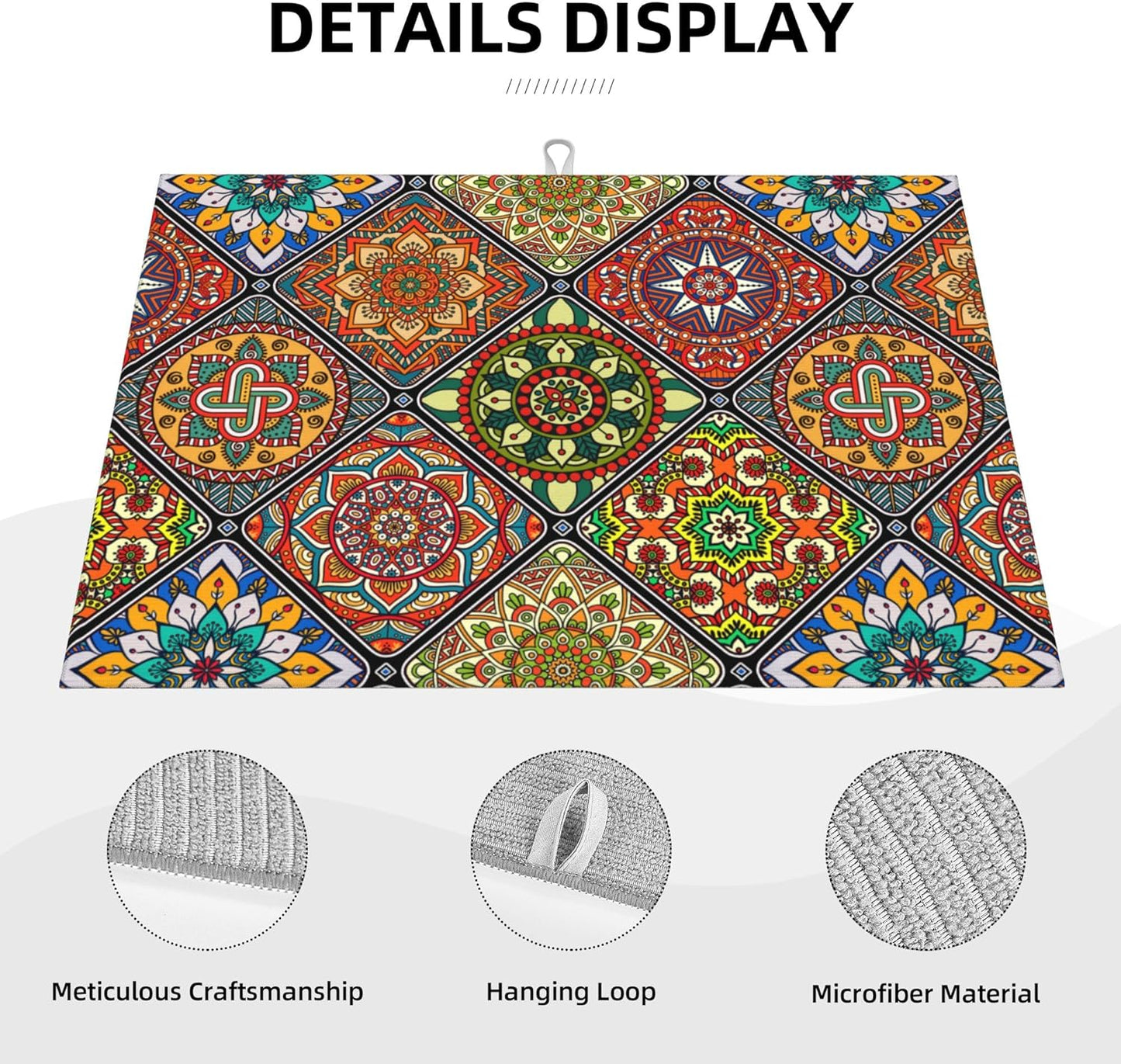 Retro Dish Drying Mat for Kitchen Counter Mandala Colorful Dish Drainer Rack Mats Boho Decor Washable Absorbent Reversible Microfiber Drying Pad Kitchen Accessories 18"x24"