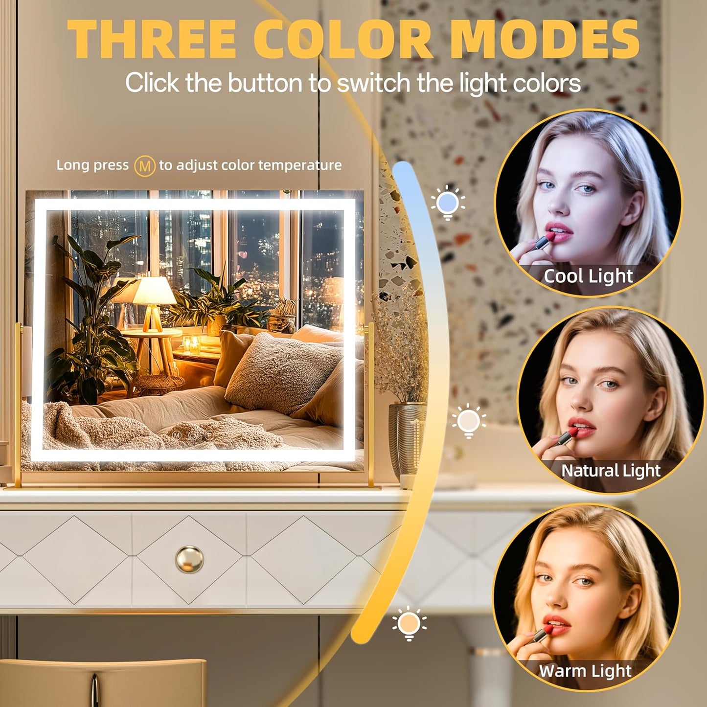 Vanity Mirror with Lights, 26'' x 22'' Lighted Makeup Mirror, Touch Screen with 3-Color Lighting, Dimmable for Vanity Desk Tabletop Square Gold