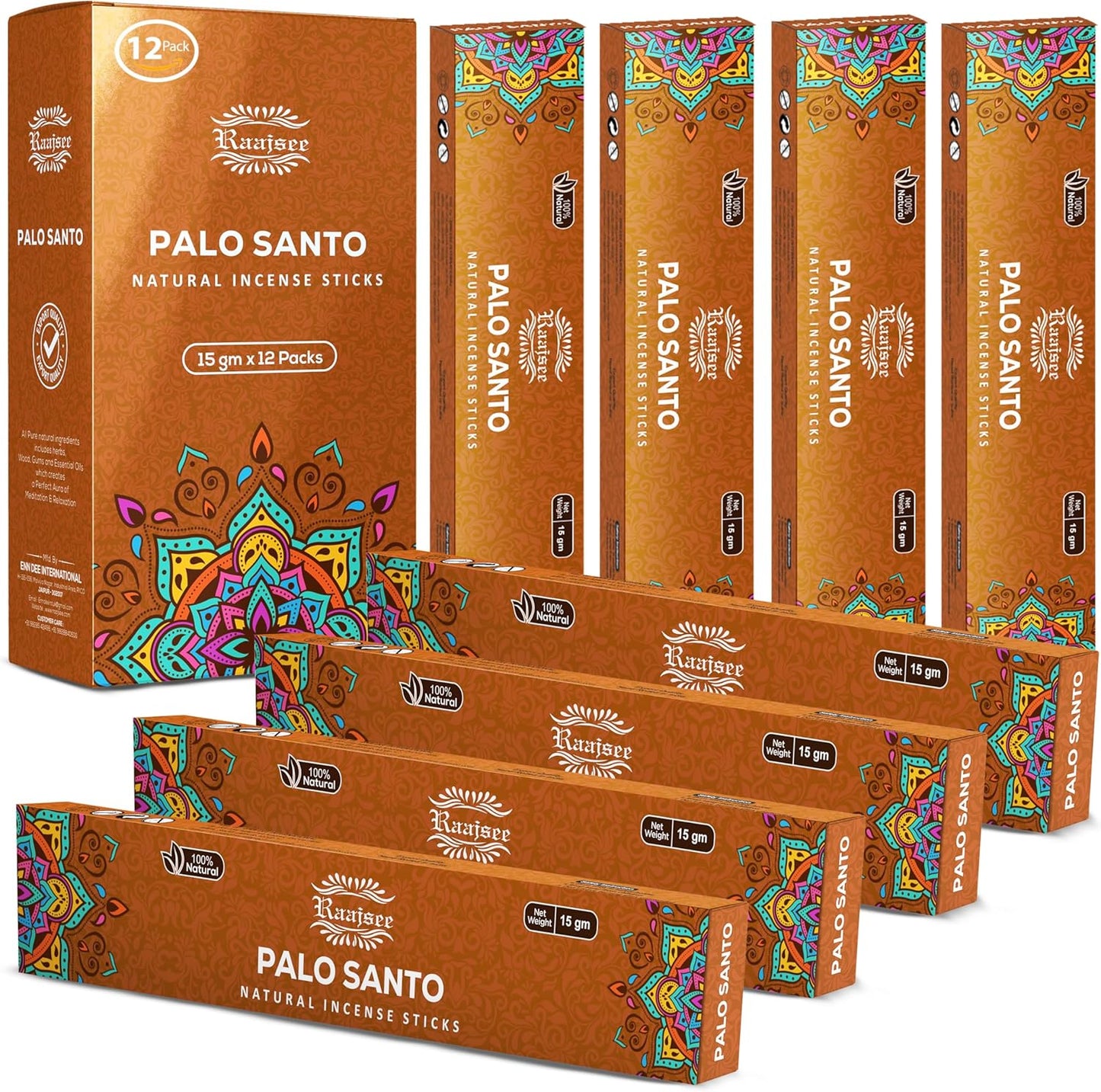 Raajsee Palo Santo Incense Sticks (180 GMS), 100% Pure Organic Natural Hand Rolled Free from Chemicals- Perfect for Aromatherapy, Cleansing, Meditation, and Church (Pack of 12)