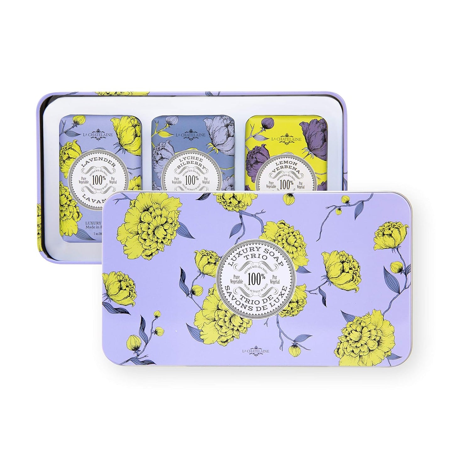 La Chatelaine Luxury Bar Soap Trio Gift Set Tin | Made in France | Natural and Organic | Shea Butter Formula | 3 x 7 oz / 200g - Lavender Soap Trio (Lavender, Lychee Bilberry, Lemon Verbena)