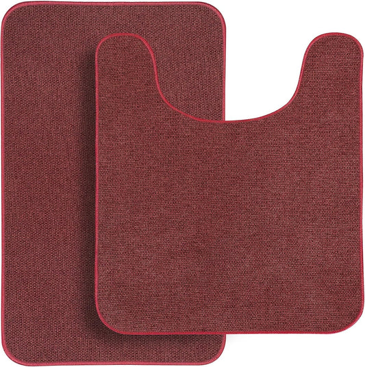 Bathroom Rugs Set 2 Pieces,Thin Bathroom Mats,Toilet Rugs,Quick Dry,Non-Slip,Machine Washable,Low Pile,Absorbent Bath Mats,Shower,Sink,Home Decor Accessories.Red,1'5"x2'3"+1'8"x2" U Shape